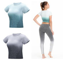 Load image into Gallery viewer, Women Yoga Set Gym Clothing Ombre Seamless T Shirts Workout Sport Suit Women Short Sleeve Fitness
